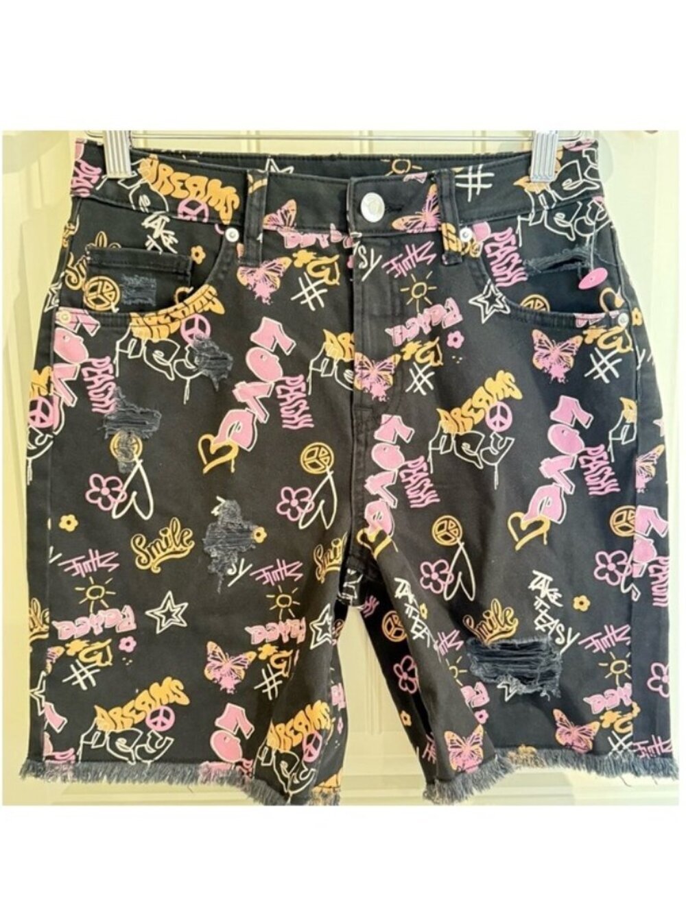 NOBO Distressed Graphic Jean Shorts - Black Pink Yellow Women’s Size 5